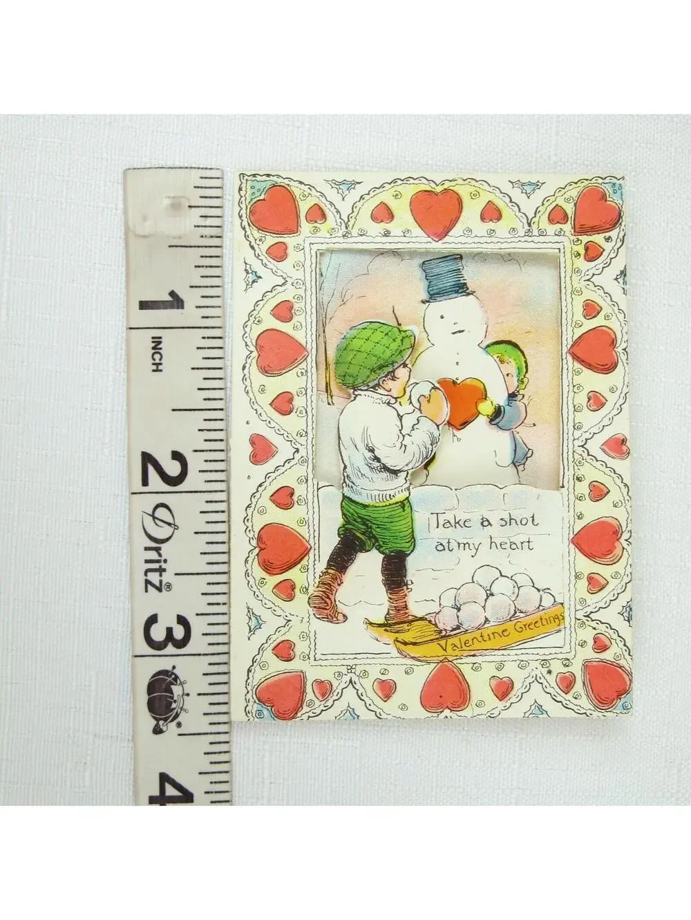 Vintage Valentine Diecut Fold 3D Boy & Girl Snowballs Snowman 1920s-30s UNSIGNED